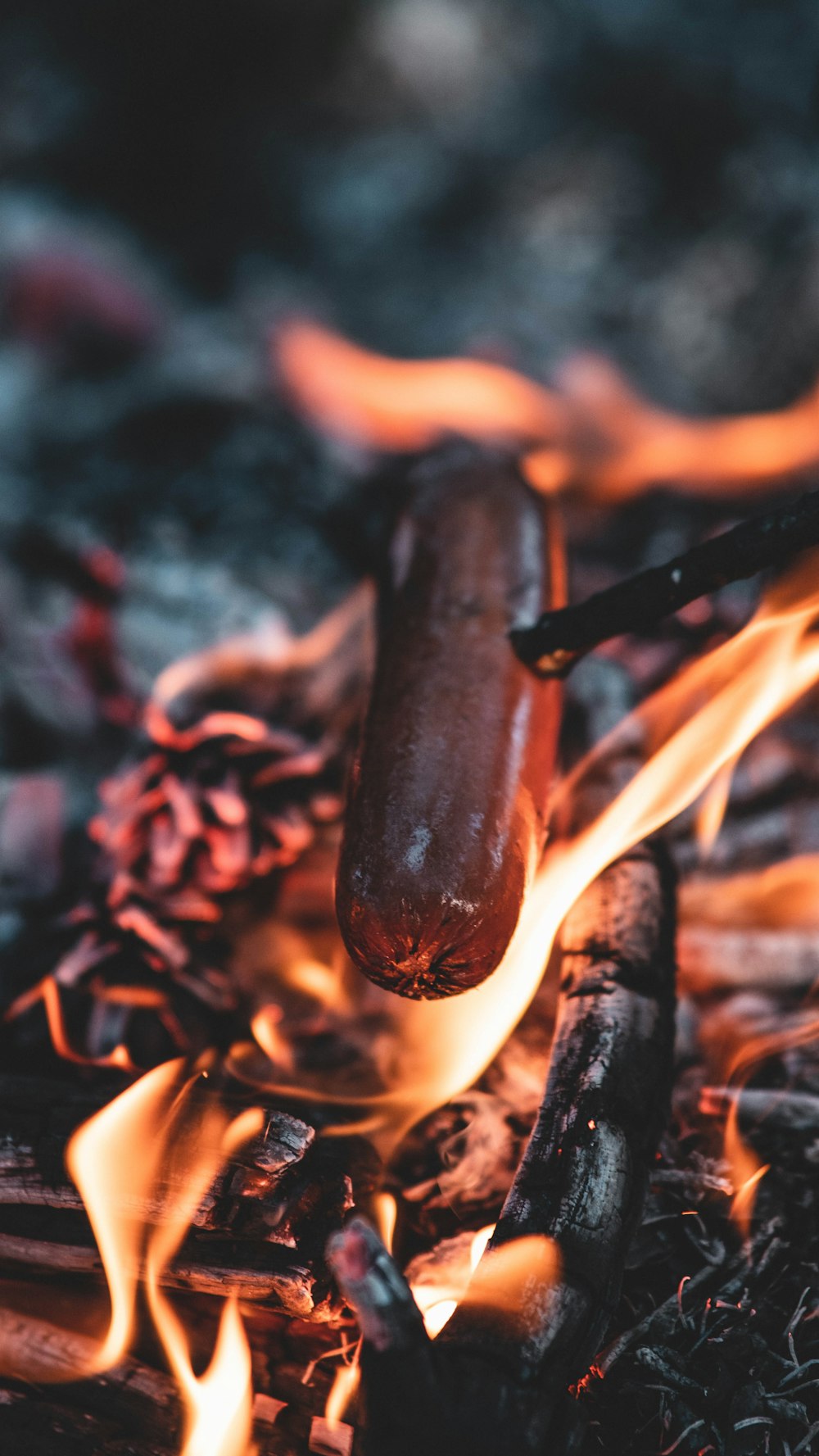 a hot dog is being cooked over a campfire