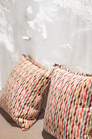 Two colorful pillows with a vibrant zigzag pattern lean against a textured, white wall. The pattern on the pillows includes various colors such as red, blue, green, and yellow, creating a lively and cheerful appearance. The setting appears cozy and inviting, suggesting a comfortable indoor space.