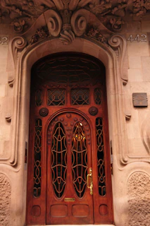 A sturdy wooden door with intricate designs, highlighting Portaviva's attention to detail.