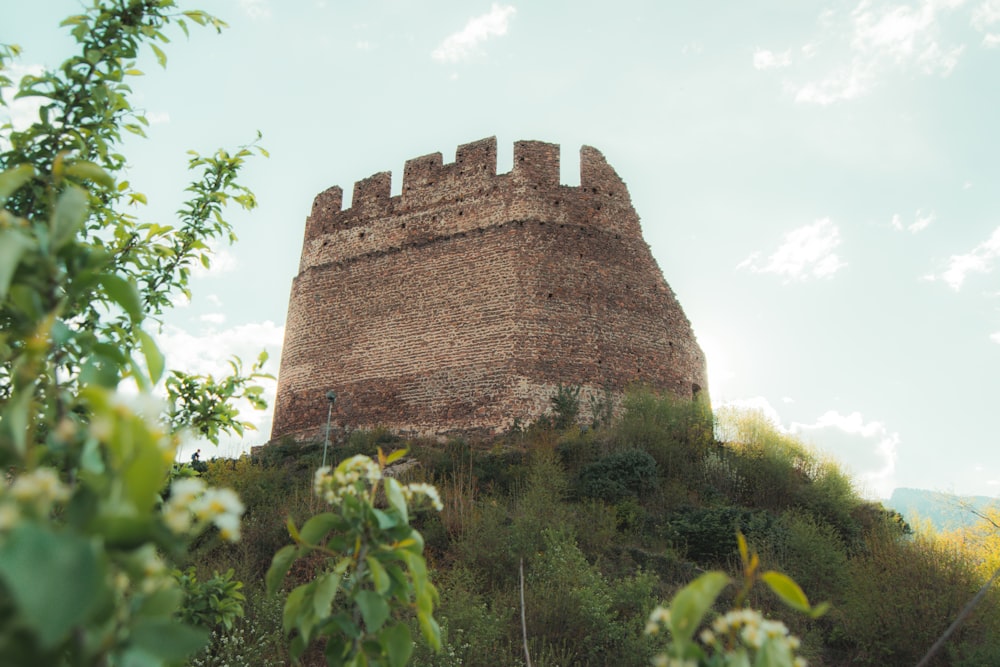 a tall brick tower sitting on top of a lush green hillside