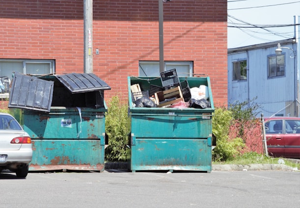 A fleet of roll-off dumpsters ready for rental service.