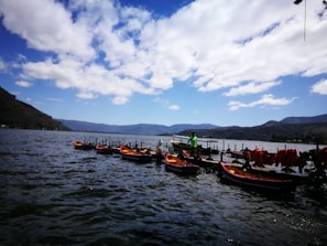 Colorful boats docked at a lively pier in Puerto Vallarta.