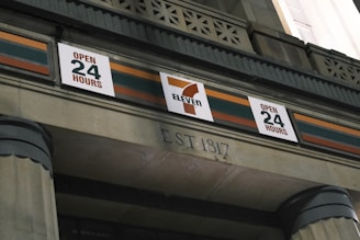 The image features the facade of a building with a 7-Eleven sign prominently displayed, indicating that the store is open 24 hours. The architectural style includes decorative elements and pillars, with the establishment year inscribed below.