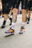 A casual scene featuring women wearing colorful sneakers while walking in a park.