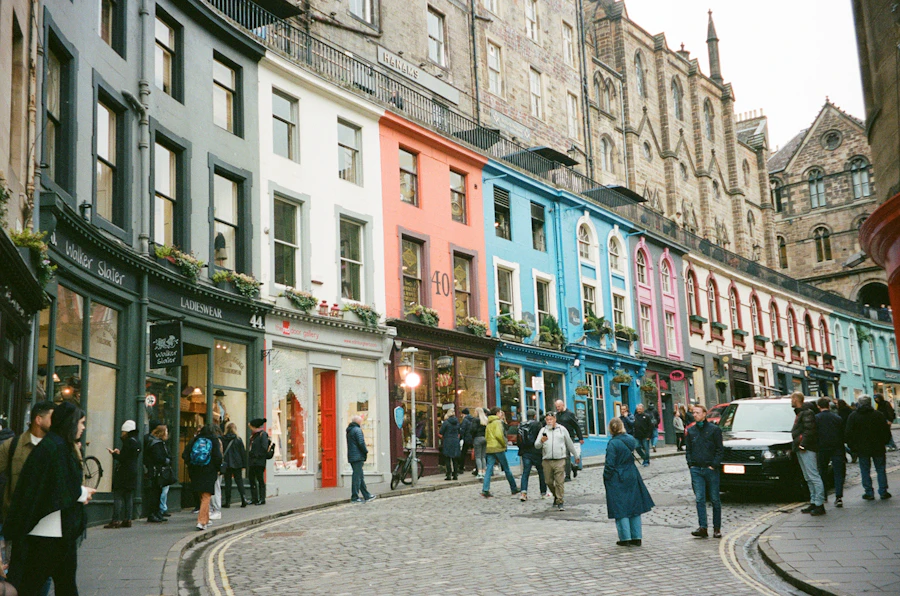 The coloured shopfronts of Victoria Street in Edinburgh
