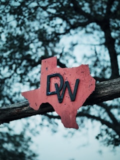 A rusty red metal sign in the shape of Texas is mounted on a wooden beam, with the letters 'DW' prominently attached. The background is a bokeh of tree branches and leaves, creating a textured and atmospheric setting.