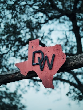 A rusty red metal sign in the shape of Texas is mounted on a wooden beam, with the letters 'DW' prominently attached. The background is a bokeh of tree branches and leaves, creating a textured and atmospheric setting.