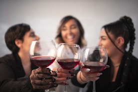 a group of women holding up wine glasses