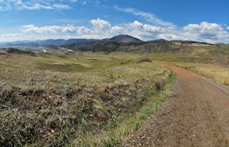 Dirt road winding through a spacious land parcel with mountain backdrop.