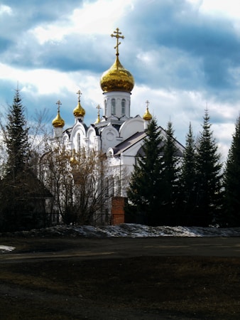 A picturesque scene of a white Orthodox church with distinctive gold domes surrounded by tall evergreen trees. The sky above is partly cloudy, adding depth to the landscape.
