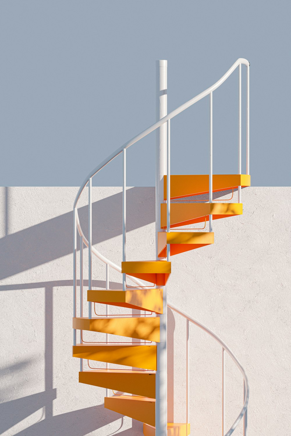 a yellow and white spiral staircase next to a white wall
