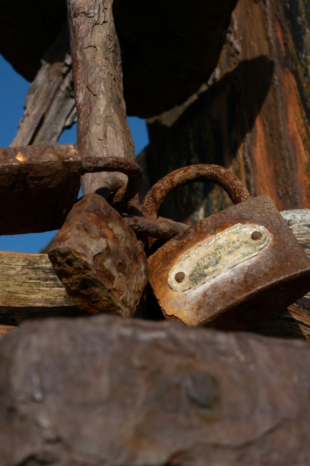 Un candado oxidado en una valla de madera