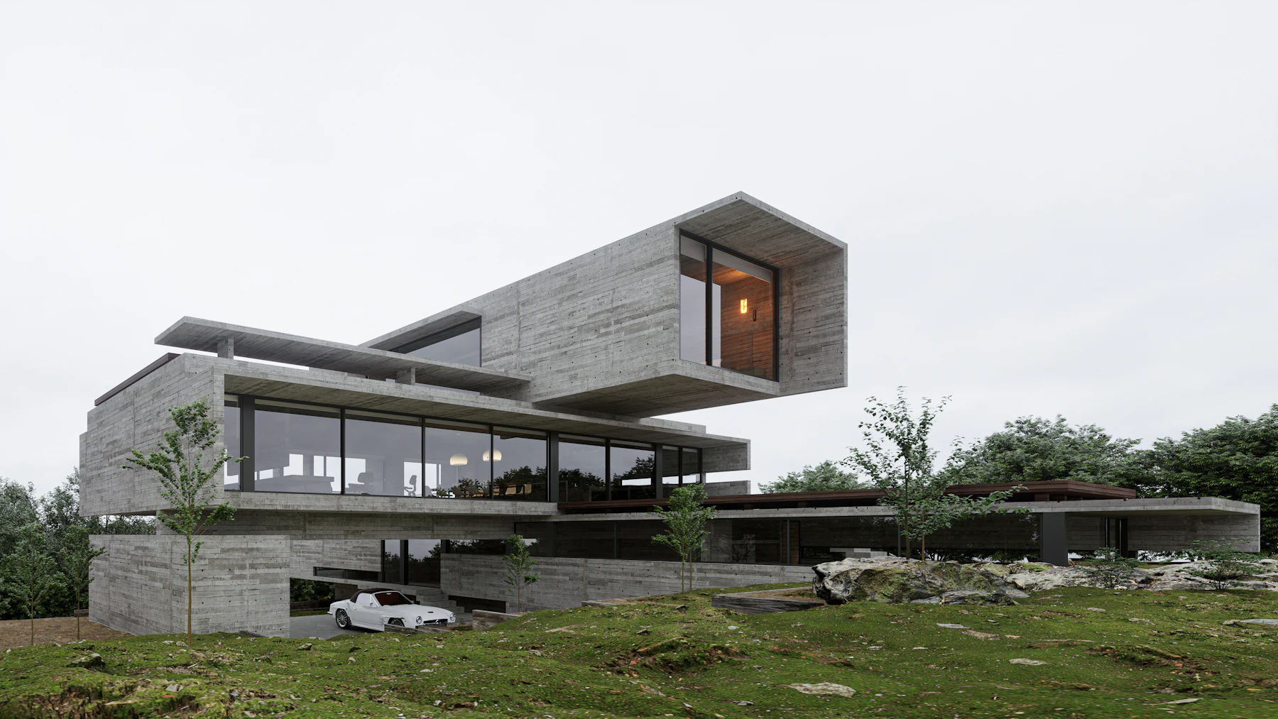 Cantilevered concrete house in a landscape