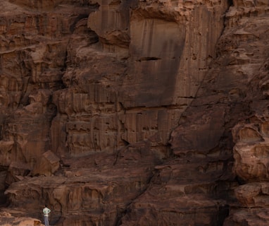 a person standing on a rock ledge in the desert