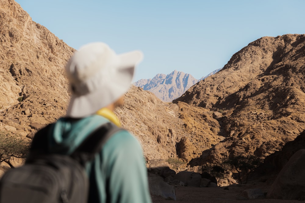 a person with a backpack looking at mountains