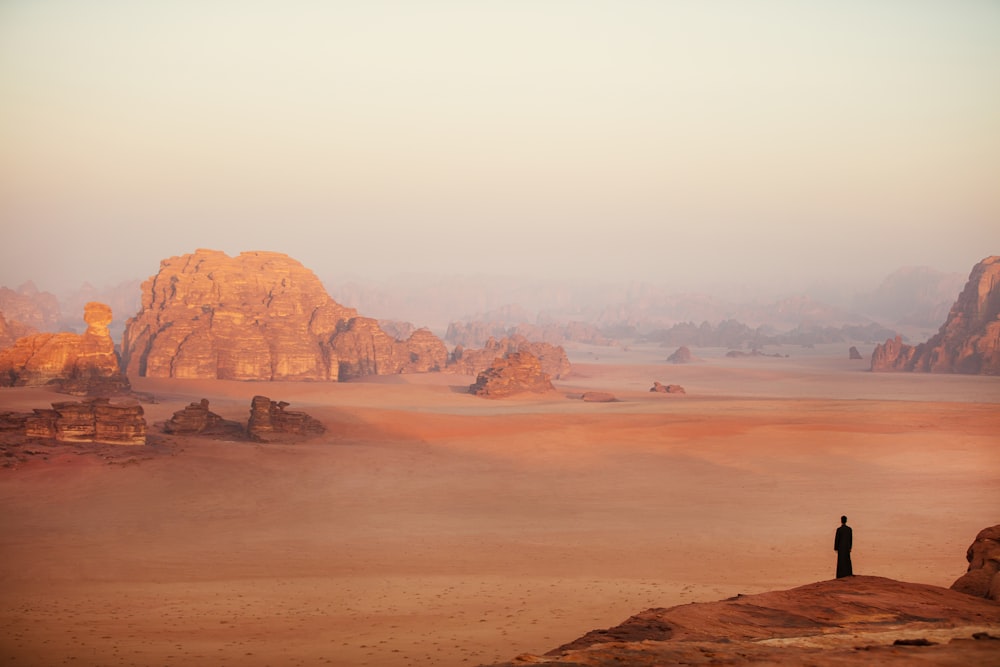 사막 한가운데에 서 있는 외로운 사람