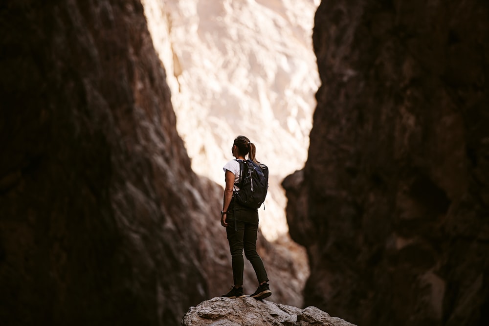 una persona in piedi su una roccia in un canyon