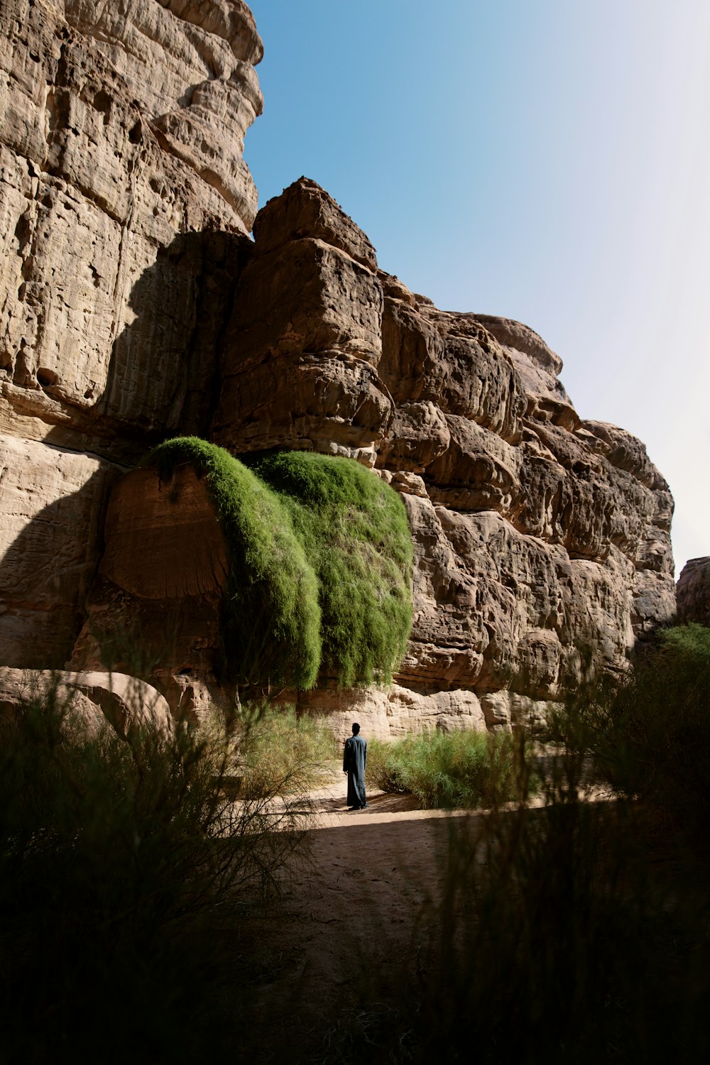 a person standing in front of a rock formation