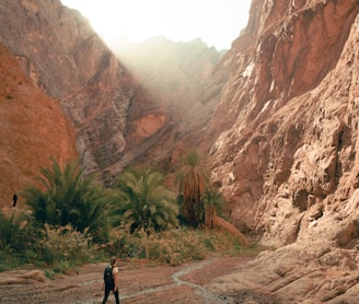 a man walking down a dirt road next to a mountain
