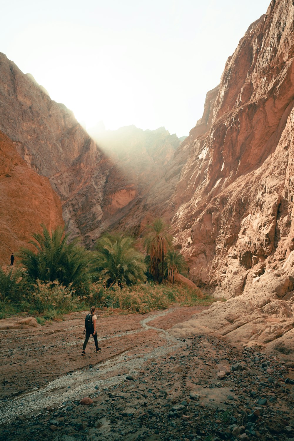 a man walking down a dirt road next to a mountain