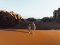 a man and a woman walking in the desert