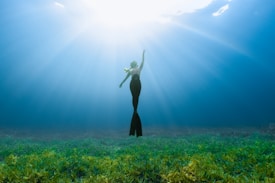 A mermaid swims gracefully in the ocean, surrounded by a serene underwater world. Sunlight beams penetrate the water, creating a beautiful, ethereal atmosphere. The sea floor is covered with lush green vegetation.