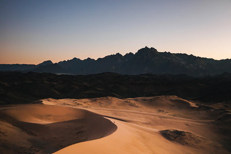 Paisaje de dunas y montañas al atardecer, fotografía de referencia