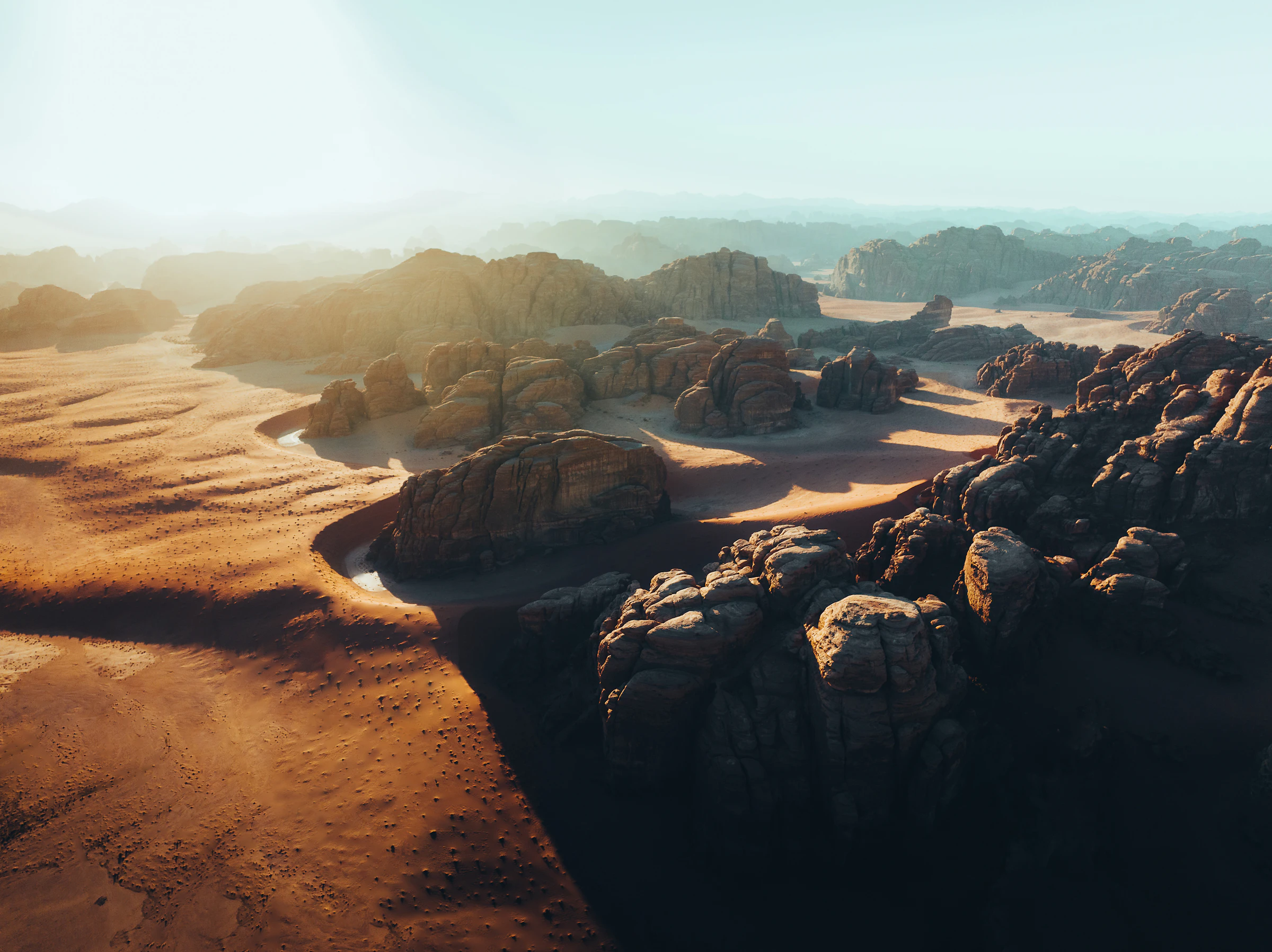 Aerial view of Saudi Arabian desert landscape, site of the Kingdom’s giga-project developments