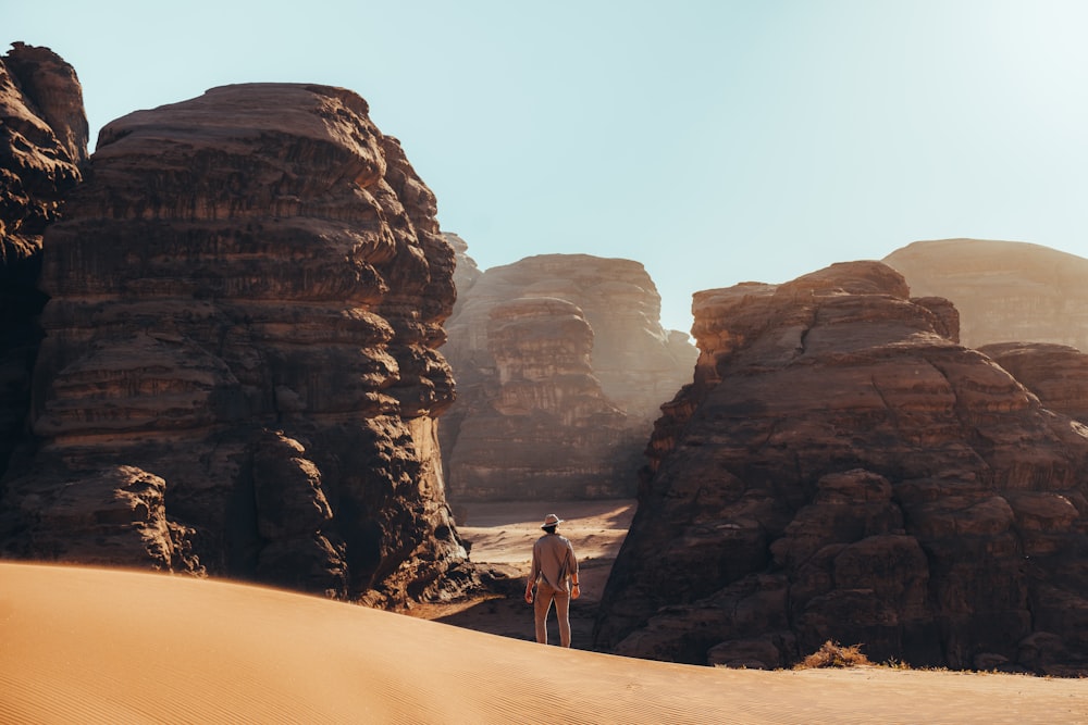 a man standing in the middle of a desert