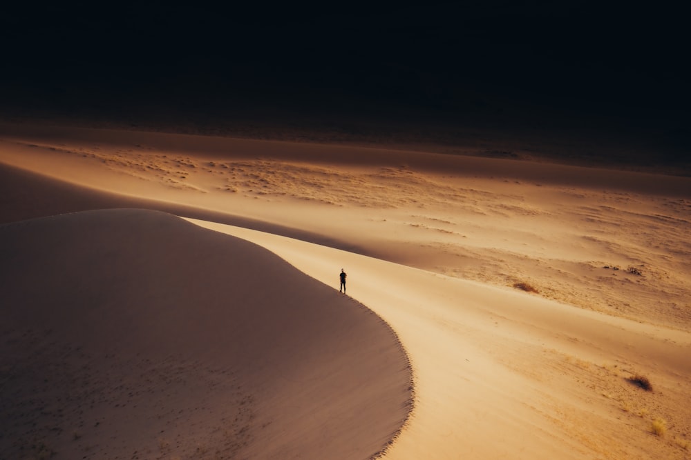 a lone person standing in the middle of a desert