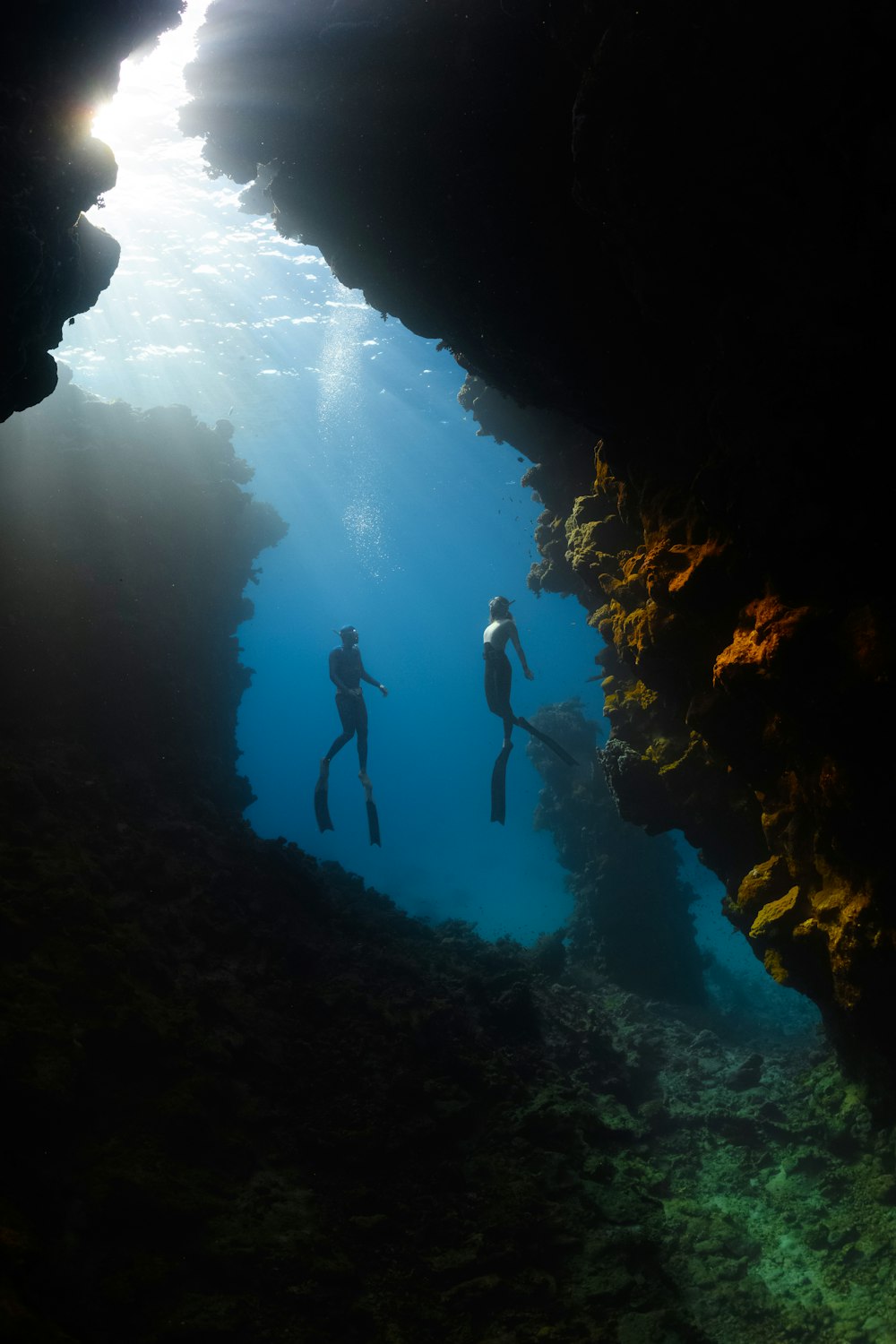 a couple of people are swimming in a cave