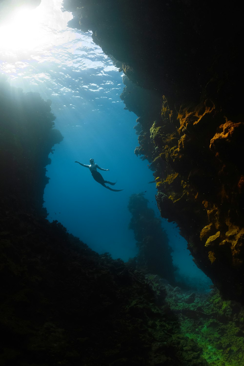 a person swimming in the water near a cave