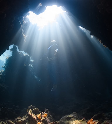 a sunbeam shines through a cave in the ocean