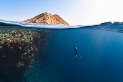 A clear division between underwater and above water is shown with a rocky landscape emerging from the sea. Underwater, a person is swimming near a coral reef. Sunlight permeates the ocean, illuminating the underwater scene.