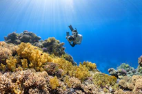 Close-up of a waterproof action camera case submerged underwater with colorful coral in the background.
