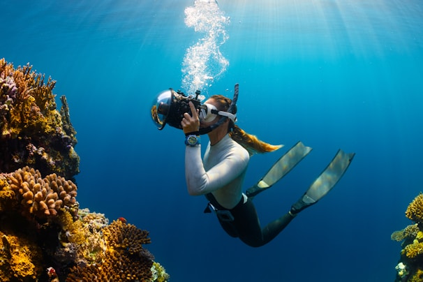 A diver is underwater, wearing a snorkeling mask and fins, holding a camera. They are surrounded by vibrant coral formations, and sunlight filters through the clear blue water overhead creating a serene atmosphere.