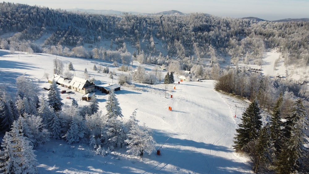 an aerial view of a ski resort surrounded by trees