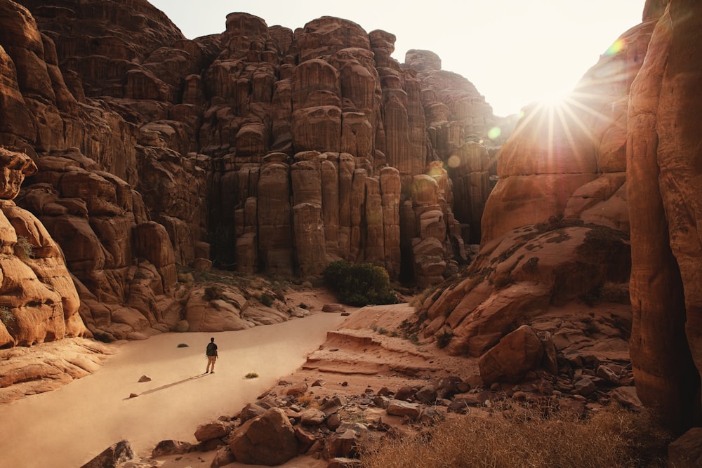 a person standing in a canyon surrounded by rocks