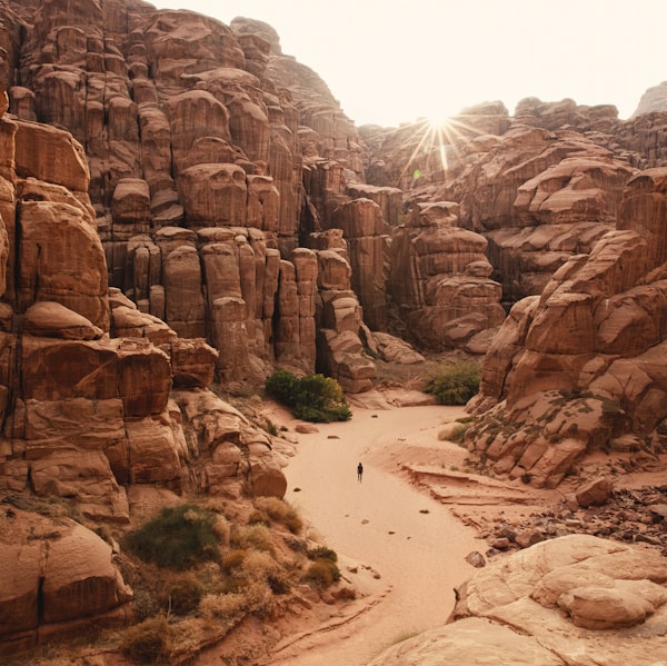 a person walking through a canyon in the desert