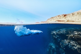 an underwater view of person diving in the ocean