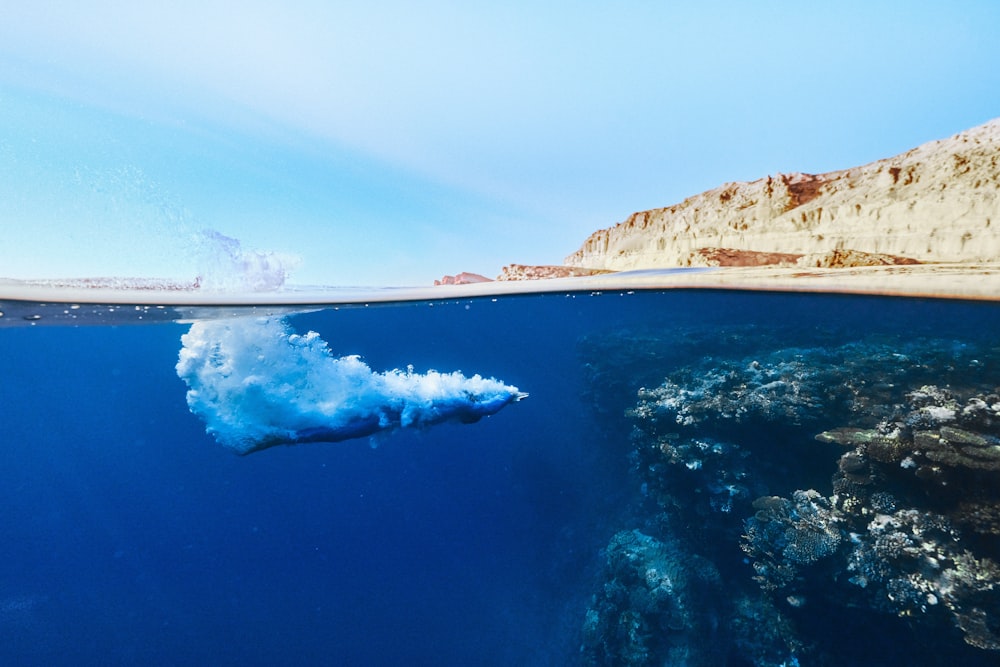 an underwater view of person diving in the ocean