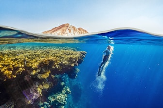 a person swimming in the ocean with a mountain in the background
