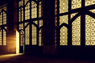 Elegant, ethereal portal framed by delicate sacred geometry patterns glowing softly against a deep black and matte gold background