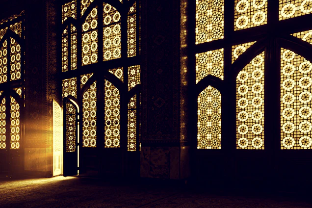 Elegant, ethereal portal framed by delicate sacred geometry patterns glowing softly against a deep black and matte gold background