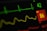 A close-up view of a digital medical monitor displaying vital signs including a green electrocardiogram (ECG) line, a yellow respiratory rate line, and numerical values with a red background indicating a concerning level.