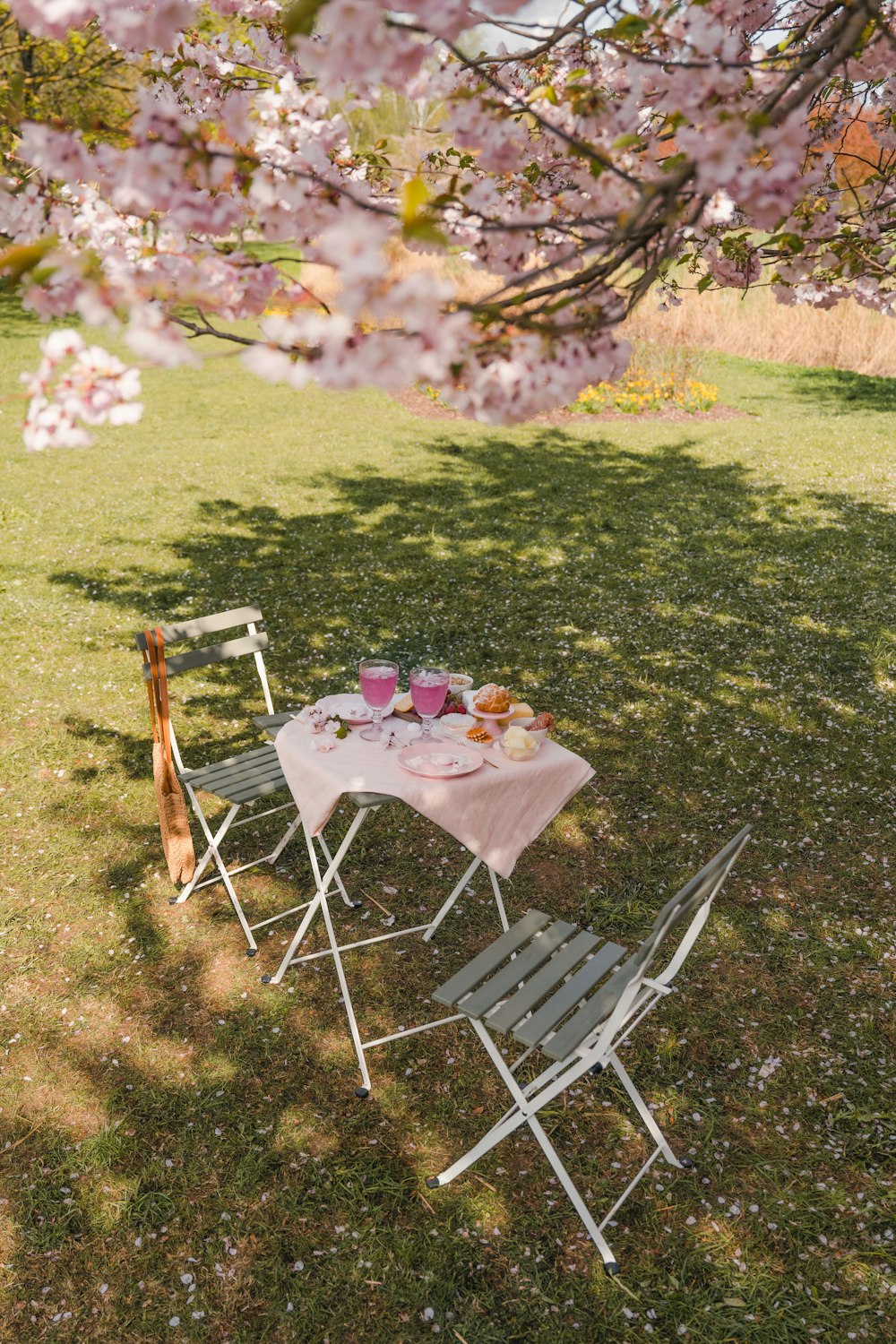 a table and chairs under a cherry blossom tree