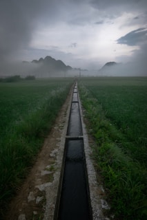 A narrow irrigation canal runs through a lush green field leading towards distant mountains. The landscape is shrouded in mist, creating a serene and mystical atmosphere under a cloudy sky.