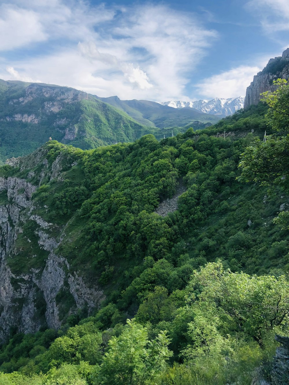 a scenic view of a valley with mountains in the background