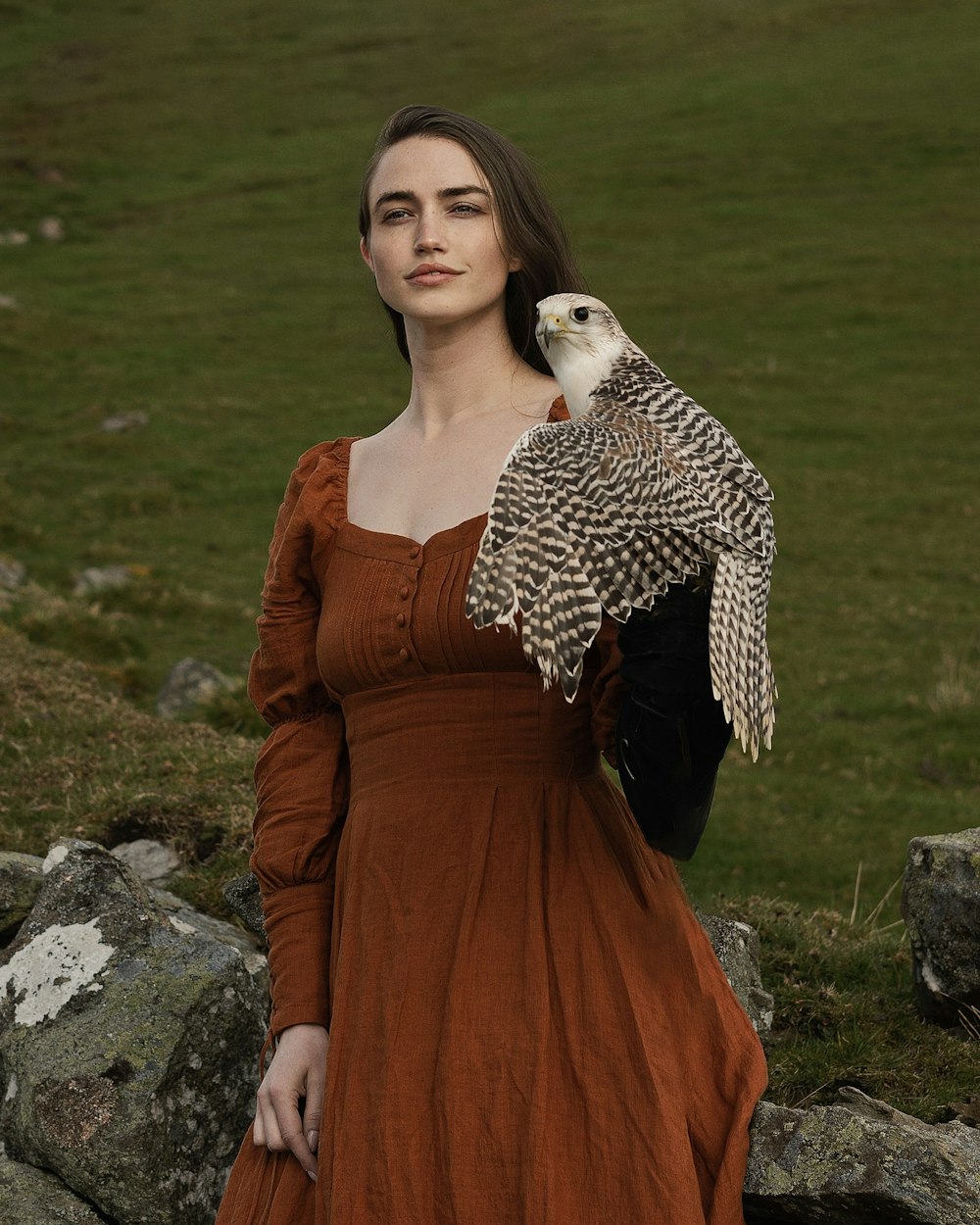 a woman in a brown dress holding a bird of prey