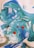 Abstract liquid art features swirling patterns of blue, green, and white with large and small spherical shapes and orange accents scattered throughout. The composition resembles a cosmic or underwater scene with fluid motion and dynamic contrasts.